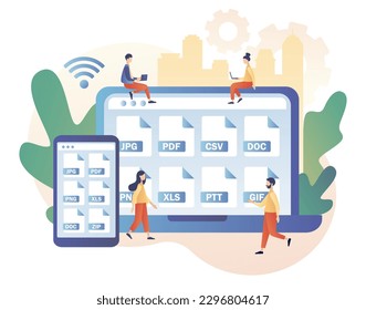 Verschiedene Dateiformate in Smartphone oder Laptop. Dateityp: jpg, pdf, doc, zip, gif, csv, xls, ppt, png. Erweiterung elektronischer Dokumente. Moderner, flacher Cartoon-Stil. Vektorgrafik 