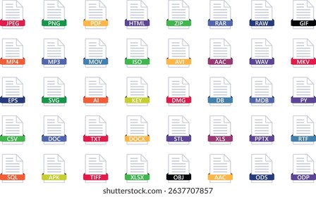 Various file type icons on documents with colorful ribbons for digital data representation