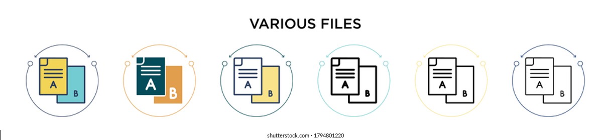 Icono de varios archivos en el estilo relleno, delgado, contorno y trazo. Ilustración vectorial de dos archivos coloreados y negros distintos diseños de iconos vectoriales se pueden utilizar para móviles, ui, web