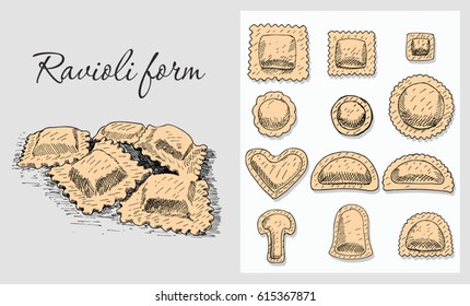 Various filled pasta shapes. Italian ravioli.