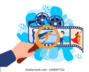 Various films: superhero, romantic movie, action cinema concept, isolated on white, flat vector illustration. Actors play role, review cinematography, hand holding magnifying glass. Web design.