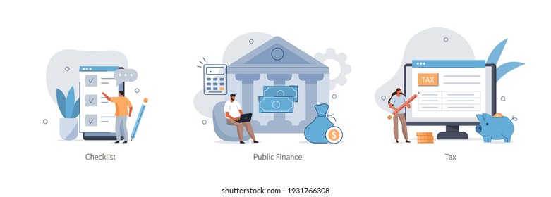 Various Finance Icons. Characters Calculating and Filling Tax From, Analyzing Public Financial Data, Putting Check Mark on Checklist. Finance Audit Concept. Flat Cartoon Vector Illustration.