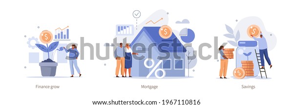 Various Finance Icons.\
People Buying Home with Mortgage,  Growing Money Tree, Making\
Savings. Investment and Finance Management Concept. Flat Cartoon\
Vector Illustration.