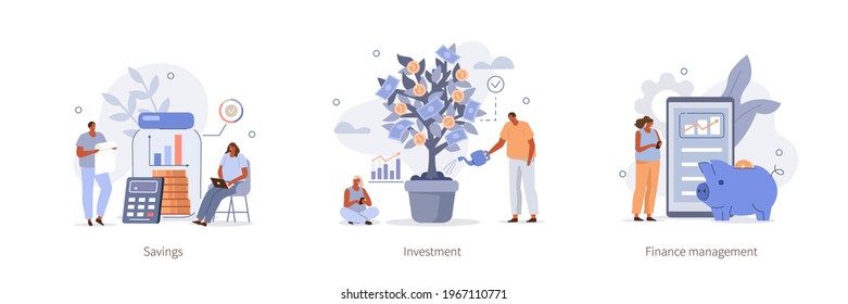 Various Finance Icons. People Characters  Picking Coins and Banknotes from Money Tree, Calculating  Savings and Managing Finance. Income Management Concept. Flat Cartoon Vector Illustration.