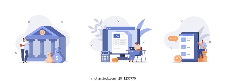 Various finance scenes. Characters calculating and filling tax from, analyzing public finance, putting check mark on checklist. Financial audit concept. Flat cartoon vector illustration and icons set.