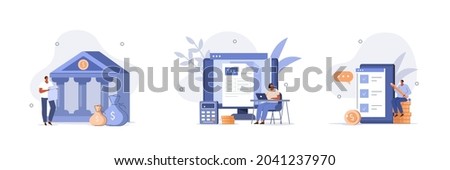 Various finance scenes. Characters calculating and filling tax from, analyzing public finance, putting check mark on checklist. Financial audit concept. Flat cartoon vector illustration and icons set.