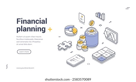 Various financial management tools, including a money jar, coins, a calculator, and charts. Line art isometric financial planning web banner, landing page template