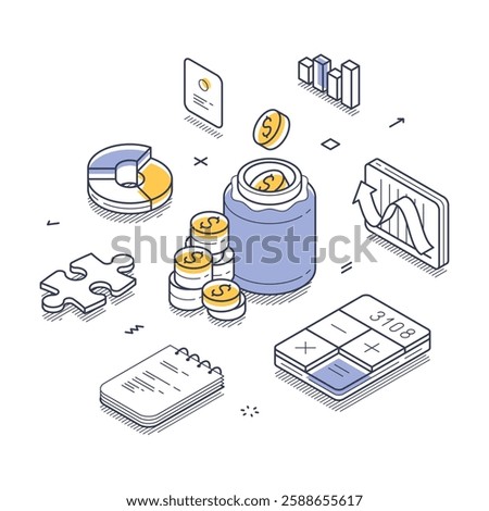 Various financial management tools, including a money jar, coins, a calculator, and charts. Line art isometric vector illustration