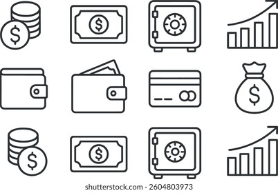 Various financial symbols are arranged in a grid, showcasing coins, bills, wallets, safes, credit cards, and growth charts, emphasizing themes of money management and savings.