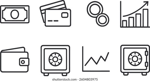 Various financial symbols include currency notes, credit cards, coins, graphs, wallets, and safes, representing concepts related to money management and investment strategies.