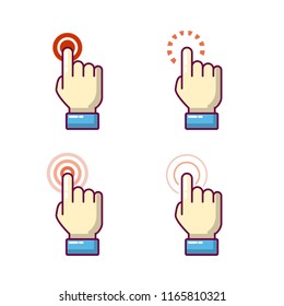 Various finger clicks gesture on the screen. Gesture index finger tapping vector element.