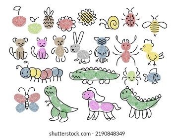 Various fingerprint ides for kids cartoon illustration set. Painting animals and insects with fingerprints. Colorful childish drawings. Game, learning, education, development concept