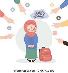 Various fingers pointing at upset arab schoolgirl. Bullying and humiliation at school or college. Sad muslim girl. Race discrimination, inequality. Concept of problem of mockery. vector illustration