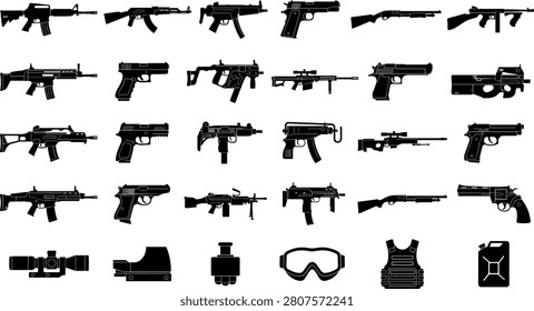 Various firearms icons showcasing modern weapon designs handguns rifles shotguns sniper gear and specialized attachments for game