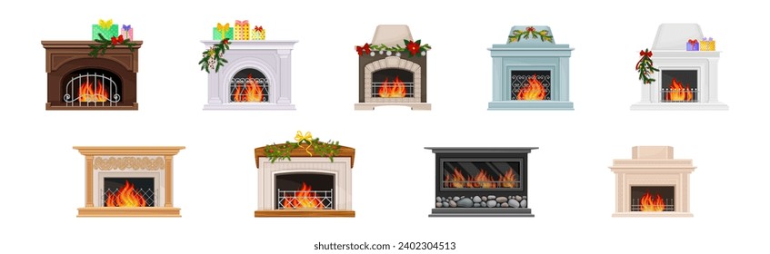 Various Fireplace with Fire in the Hearth Vector Set