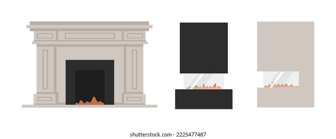 Various fireplace icons - classic and modern home fireplaces, flat vector illustration isolated on white background. Set of stone and brick chimneys with fire in the hearth.