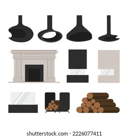 Various fireplace icons - classic and modern home fireplaces, flat vector illustration isolated on white background. Set of stone and brick chimneys with fire in the hearth.