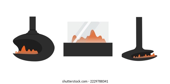 Various fireplace icons modern home fireplaces, flat vector illustration isolated on white background. Set of stone and brick chimneys with fire in the hearth.