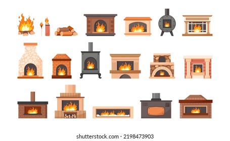 Various fireplaces with burning wood cartoon illustration set. Red brick and metal home hearth with grate and decorated with tiles, lighter, match, firewood. Interior, furniture, relaxation concept