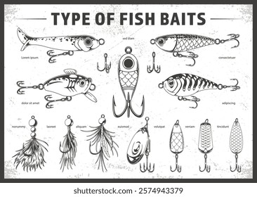 Various fish baits are displayed each with distinct shapes and designs ideal for attracting different fish species. These baits range from lures to jigs showcasing fishing techniques.