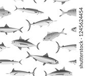 Various fish in black and white seamless pattern