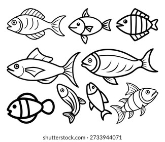 Varias ilustraciones de peces acuáticos en blanco y negro