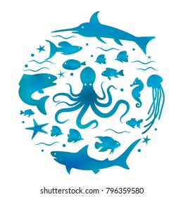 Various fish from the ocean. Flat banner. Concept of the underwater world. Vector illustration isolated on white background