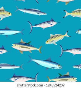 Various fish types on colored background seamless pattern