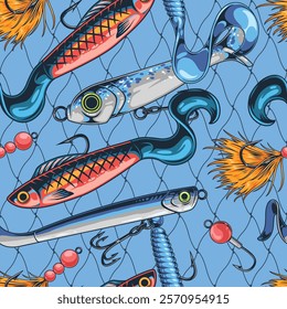 Various fishing lures are arranged on a blue background. The lures include vibrant colors and different styles showcasing an assortment ideal for anglers.