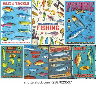 Various fishing lures and bait display different designs and colors arranged artistically on a vibrant background. Each lure promises effectiveness in attracting fish.