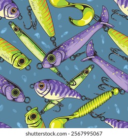 Various fishing lures in bright colors including purple green and yellow are arranged on a blue background. These lures feature different styles and designs suitable for anglers.