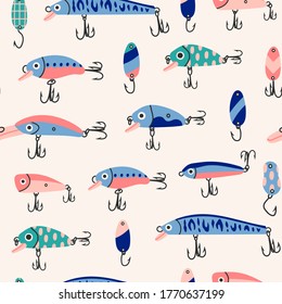 Various Fishing Lures. Different Spoons, Wobblers: crank, popper and minnow. Hand drawn colored Vector illustration. Seamless pattern. Background, wallpaper. Square repeating design