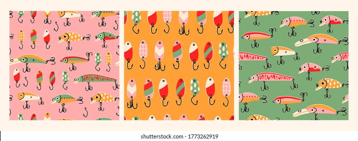 Various Fishing Lures. Different Spoons, Wobblers: crank, popper and minnow. Hand drawn colored Vector illustrations. Set of three Seamless patterns. Backgrounds, wallpapers. Square repeating design