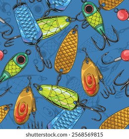 Various fishing lures with intricate designs and bright colors are scattered across a blue background. Each lure features unique shapes and hooks creating a vibrant pattern.