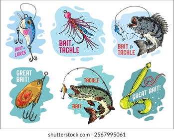 Various fishing lures and tackle are displayed creatively. Each piece showcases colorful designs highlighting their appeal for fishing enthusiasts and professionals alike.