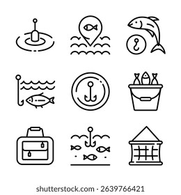 Various fishing related icon. Fishing Vector Line Icon. Catch seafood symbol. Vector Illustration. Isolated on White Background.