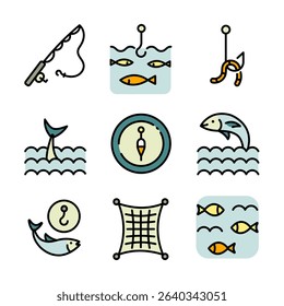 Various fishing related icons set. Fishing Vector Color Icons. Catch seafood symbols. Vector Illustration. Isolated on White Background.