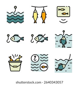 Various fishing related icons set. Fishing Vector Color Icons. Catch seafood symbols. Vector Illustration. Isolated on White Background.