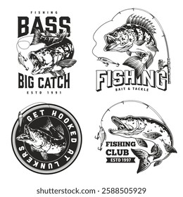 Various fishing-themed graphics highlight bass fishing showcasing big catches. The designs promote fishing clubs with established years and catchy phrases. Anglers unite for fun.