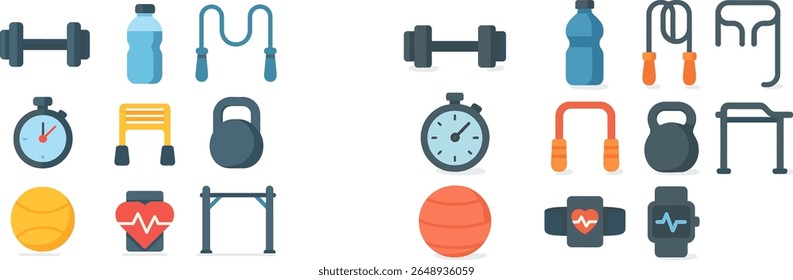 Various fitness items are displayed, including dumbbells, kettlebells, a jump rope, water bottles, and fitness trackers, all ready for an active workout session.