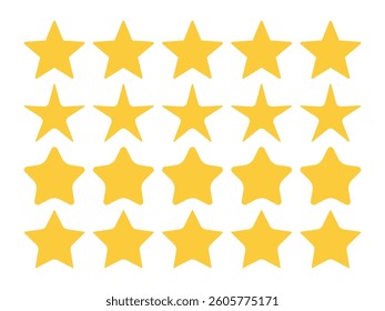 Various Five star ratings system set. Simple flat Yellow stars icons. Perfect for business review, feedback, user ratings in apps, website, e-commerce, quality assessment graphic