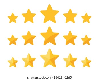 Various Five star ratings system set. Simple flat Yellow stars icons. Perfect for business review, feedback, user ratings in apps, website, e-commerce, quality assessment graphic