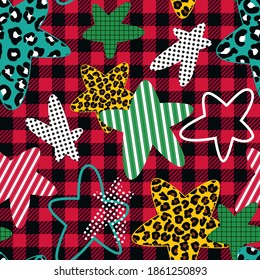 
 Various five-pointed stars on a Buffalo plaid background.
Vector seamless  pattern. Festive  texture.
