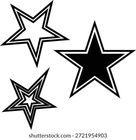 Various five-pointed stars showcase striking black and white line styles, and they are meticulously arranged against a clean transparent backdrop, ideal for diverse use.