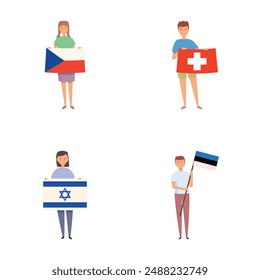 Various flag icons set cartoon vector. Teenager holding national country flag. Solidarity, unity