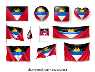Various flags of Antigua and Barbuda caribbean country set isolated on white background. Realistic waving flag on pole, table flag and different shapes labels. Patriotic symbols vector illustration