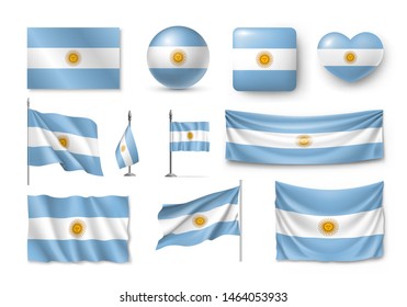 Various flags of Argentina independent country set. Realistic waving national flag on pole, table flag and different shapes badges. Patriotic argentinean rendering symbols isolated vector illustration