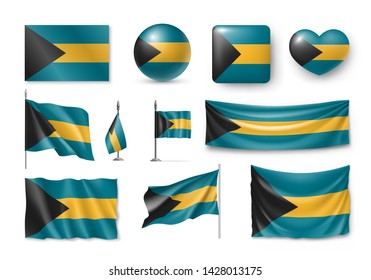 Various flags of Bahamas independent country set isolated on white background. Realistic waving flag on pole, table flag and different shapes badges. Patriotic caribbean island vector illustration