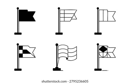 Various flags on poles with different patterns and designs standing upright in a row