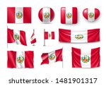 Various flags of Peru independent country set. Realistic waving national flag on pole, table flag and different shapes badges. Patriotic peruvian official symbols isolated vector illustration.